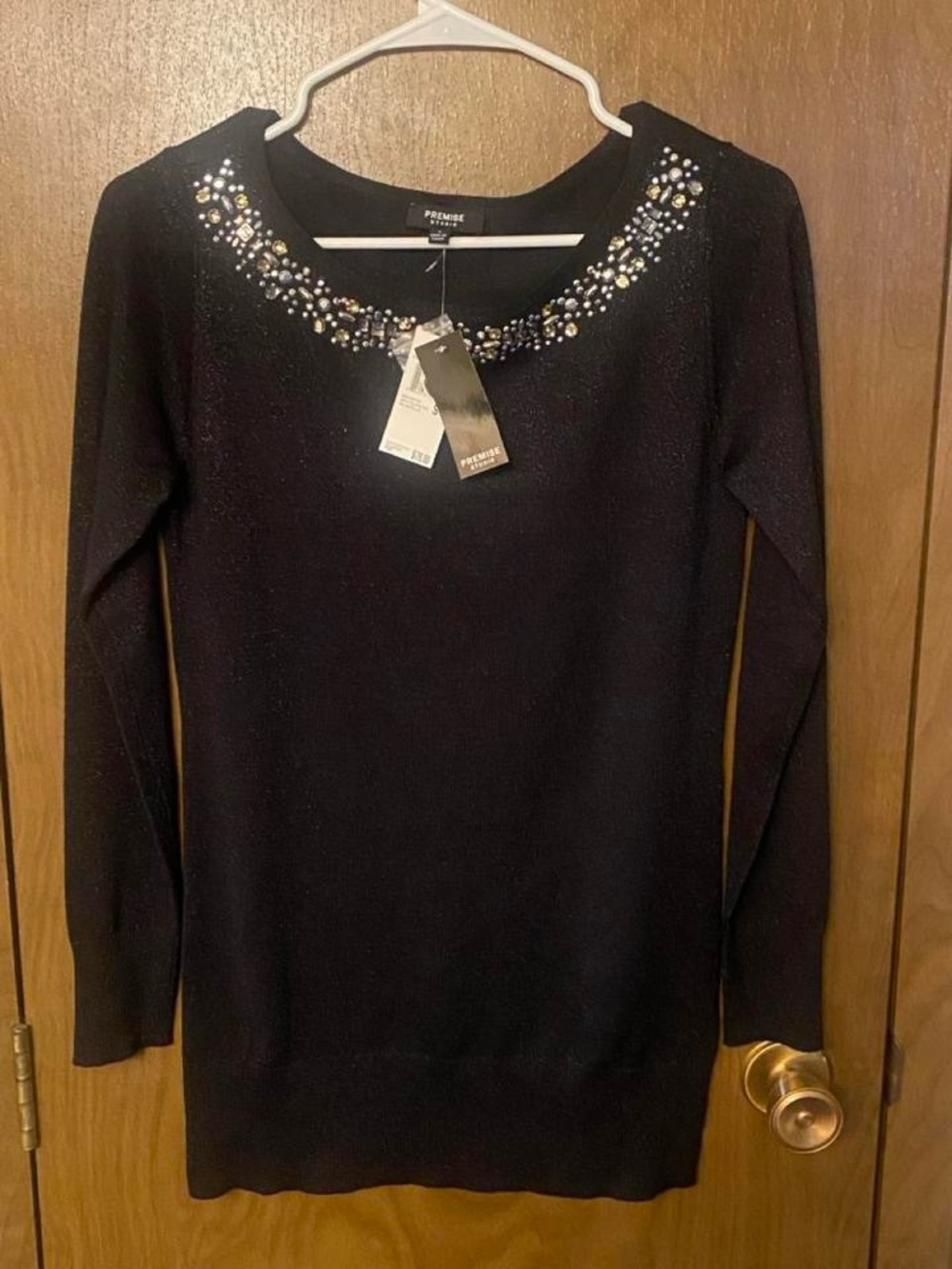 Premise Black Crewneck Sweater with Beaded Embellishment